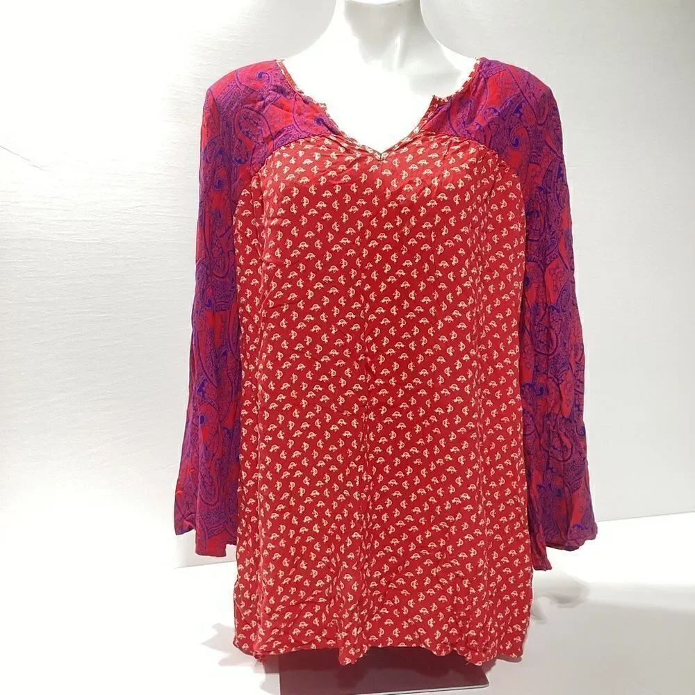 Umgee Printed Paisley Birds Red Tunic Cotton Blouse L